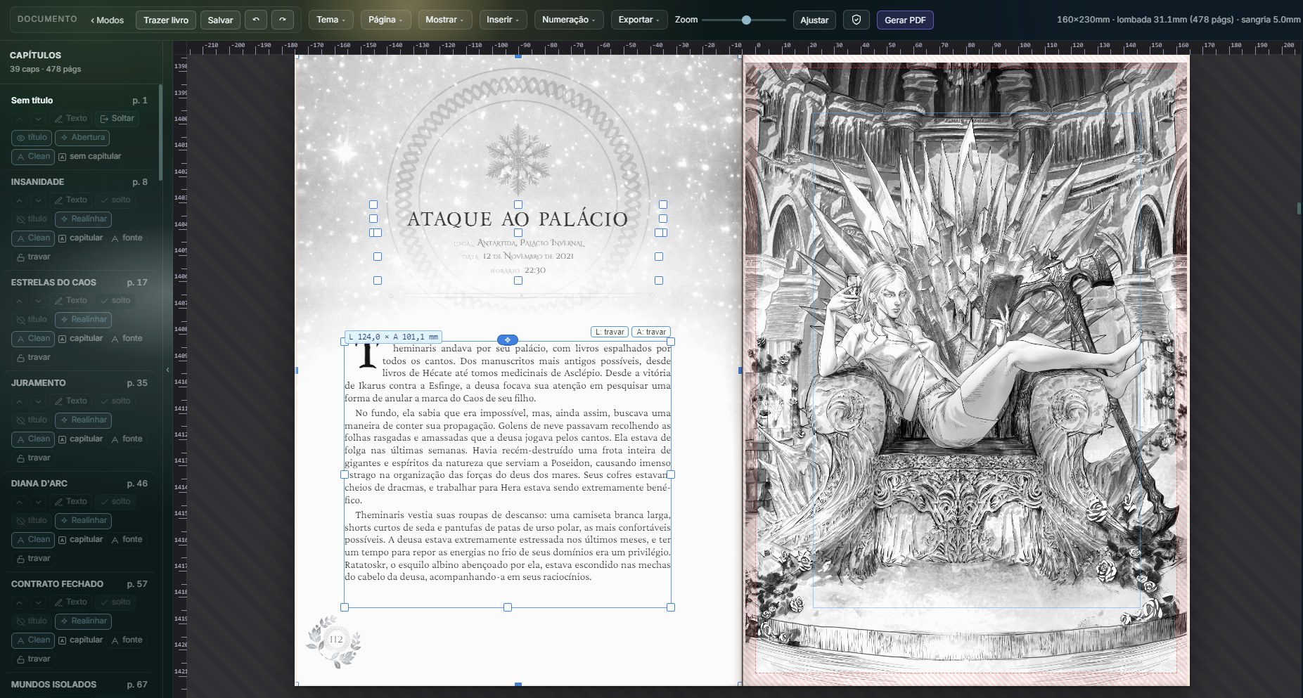 Diagramação real do capítulo Ataque ao Palácio — spread com arte de abertura, capitular, guias e painel de tipografia