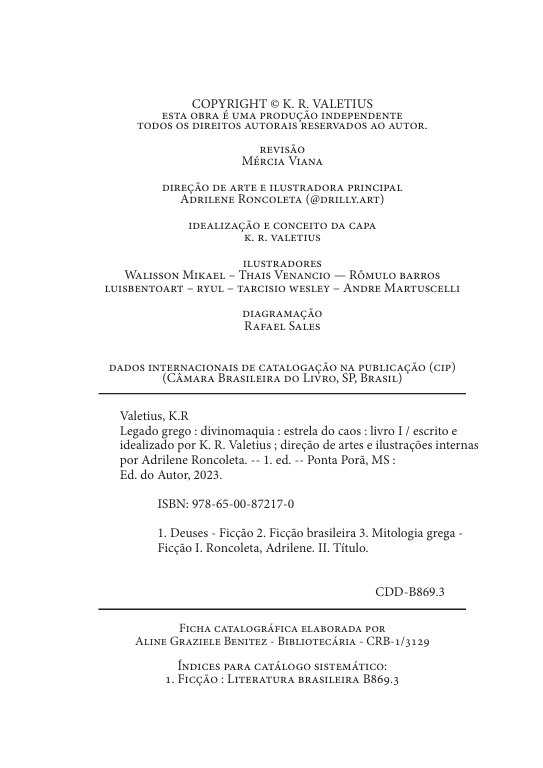 A página de créditos do Estrela do Caos: à esquerda o copyright e a equipe do livro; embaixo, dentro da moldura, a ficha catalográfica com o ISBN e a assinatura da bibliotecária.